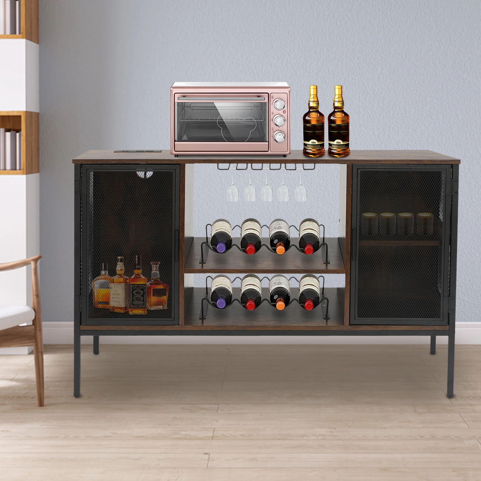 120*34*76.5cm Wine Bar Cabinet Coffee Bar Cabinet Coffee Station Sideboard Wine Rack with Glass Holder for Living Room Kitchen