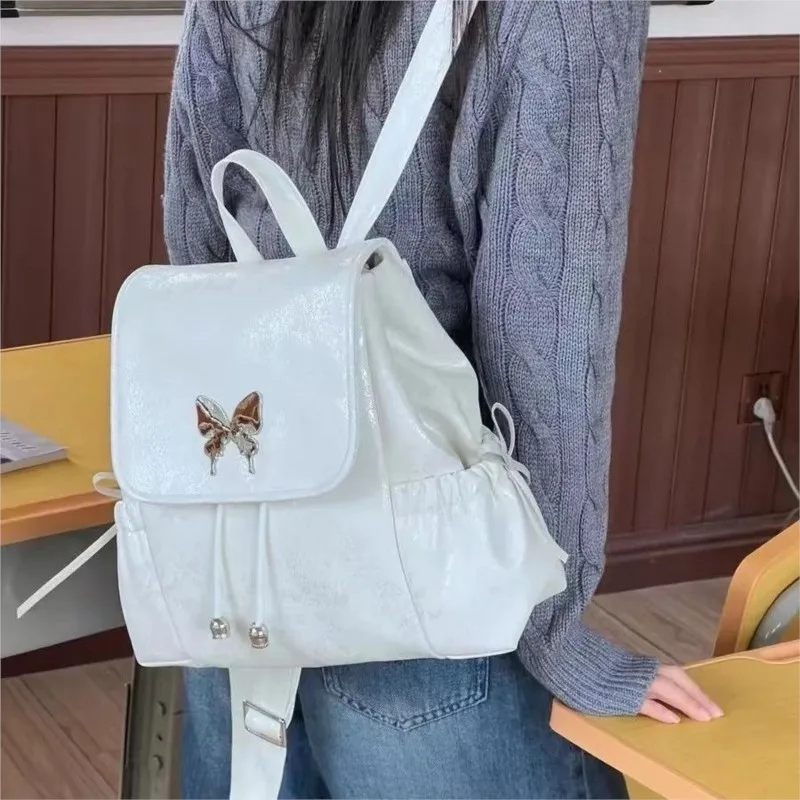 White Ballet Style Backpack Women Bow Butterfly Patch Large Capacity Backpack Ladies Elegant Gentle Exquisite Mochilas Mujer New