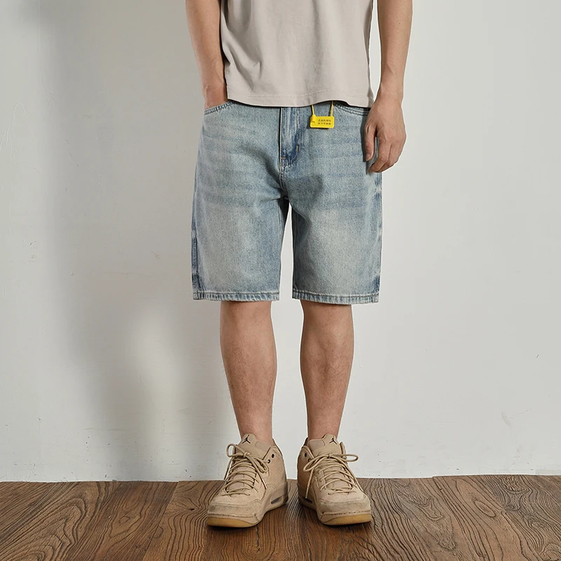 Retro classic summer casual medium pants five quarter pants fashion loose straight leg light denim shorts men's fashion