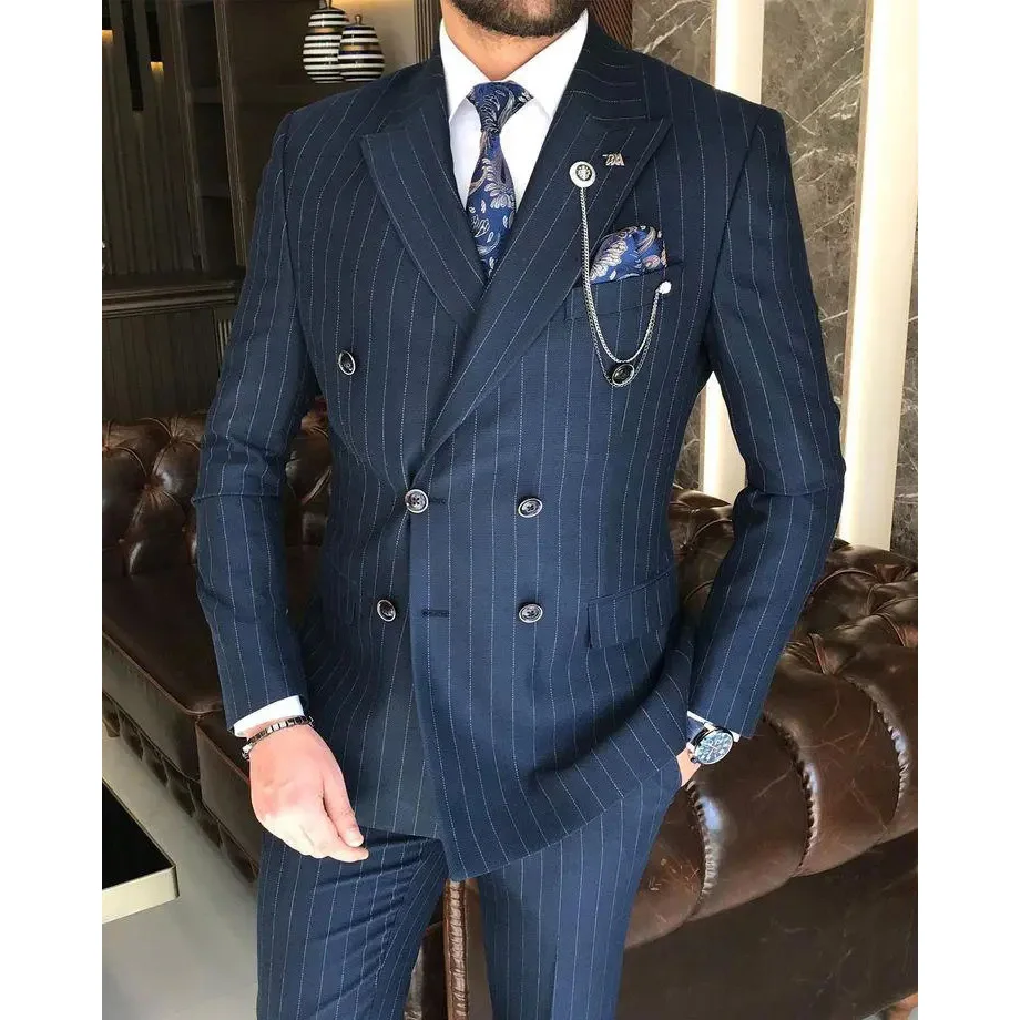 

Costume Homme Double Breasted Navy Blue Peak Lapel High Quality 2 Piece Jacket Pants Smart Casual Terno Chic Formal Full Set