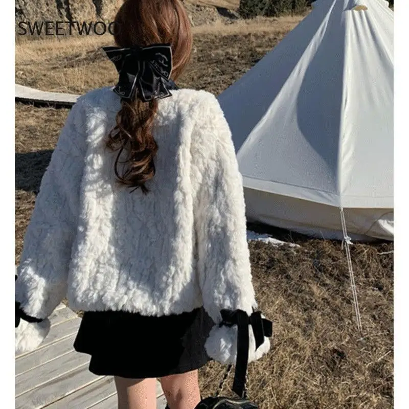 Winter Warm Faux Fur Coat Women Patchwork Elegant Thick Fleece Overcoat Female Korean Fashion Bow Designer Wool Short Coat 2022