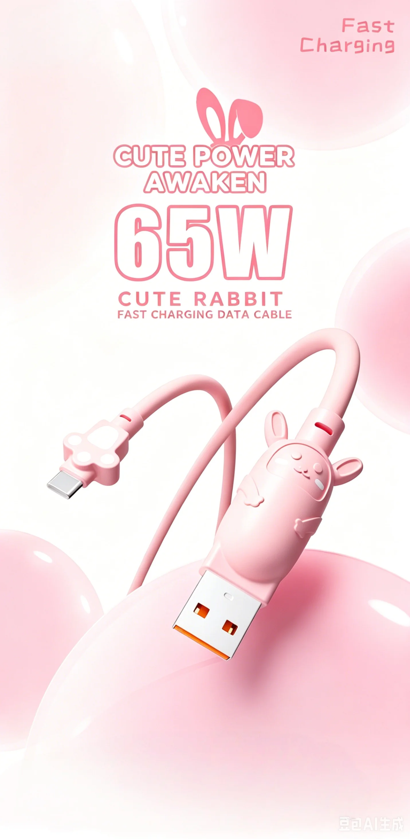 Cute Rabbit 65W Fast Charging USB-C Cable - Pink Skin-Friendly Design