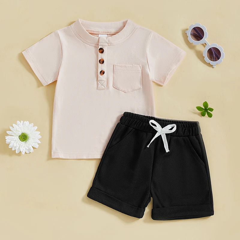 Pudcoco Baby Boys Summer Shorts Sets Short Sleeve O Neck Button Up Tops Solid Color Shorts Sets 6M-3T