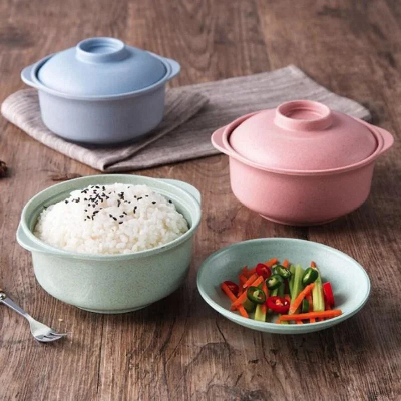 Wheat Straw Ramen Bowl with Lid Plastic Fiber Tableware Home Casserole Instant Noodles Bowls Large Soup Bowl Kitchen Supplies