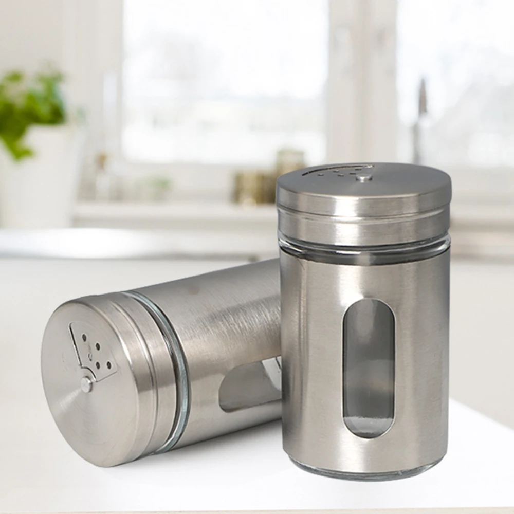 Stainless Steel Spice Seasoning Jar Built in Glass Bottle Rotating Cover Three Types of Perforation Methods: Large, Medium, And 6