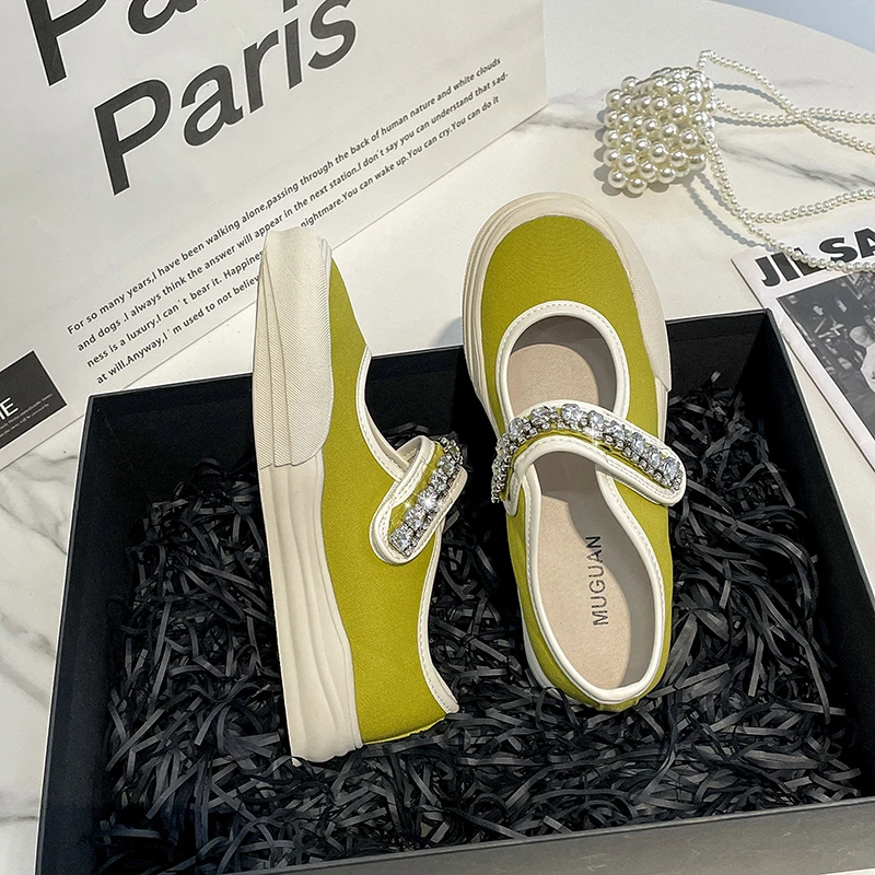 LazySeal Women Flat Crystal Design Round Toe Casual Shoes Hook Loop Canvas Upper Ladies Footwear Summer Breathable Flat Shoes