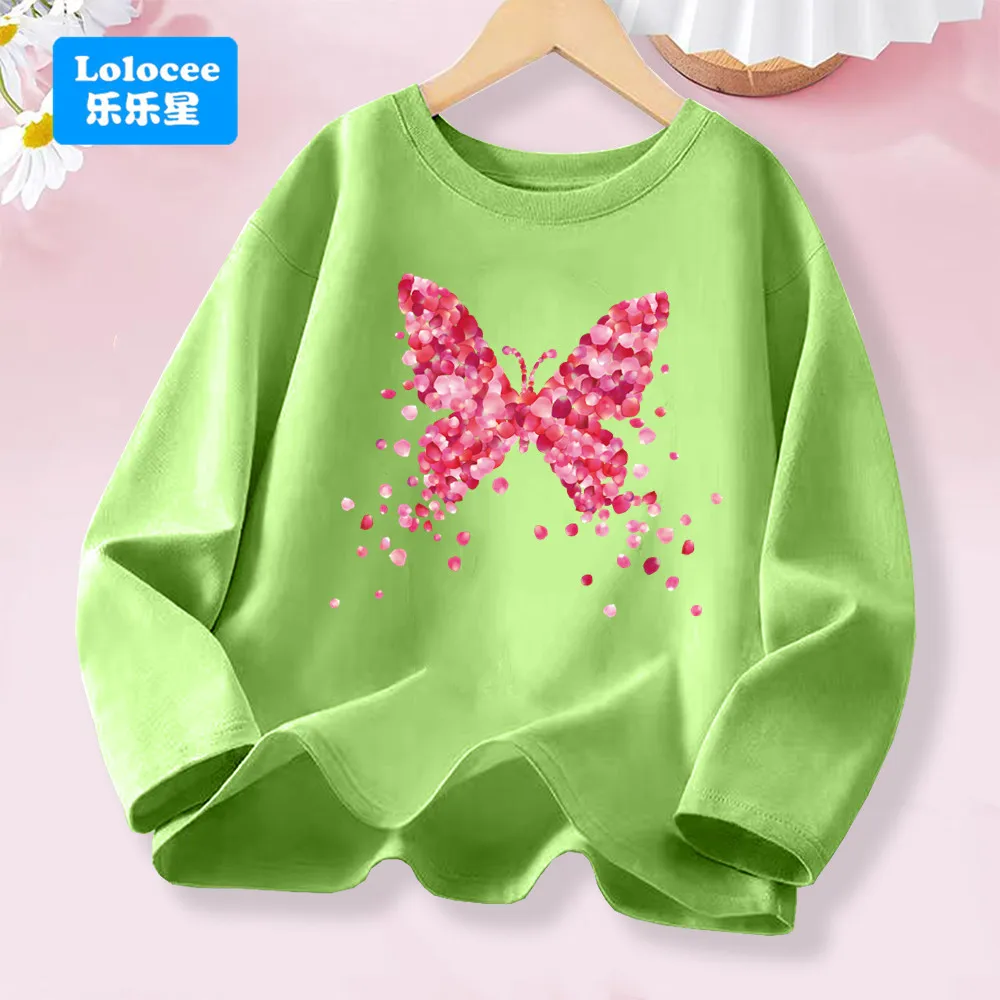 Pink Flower Butterfly Graphic Long Sleeve Girls' Fashion Tee