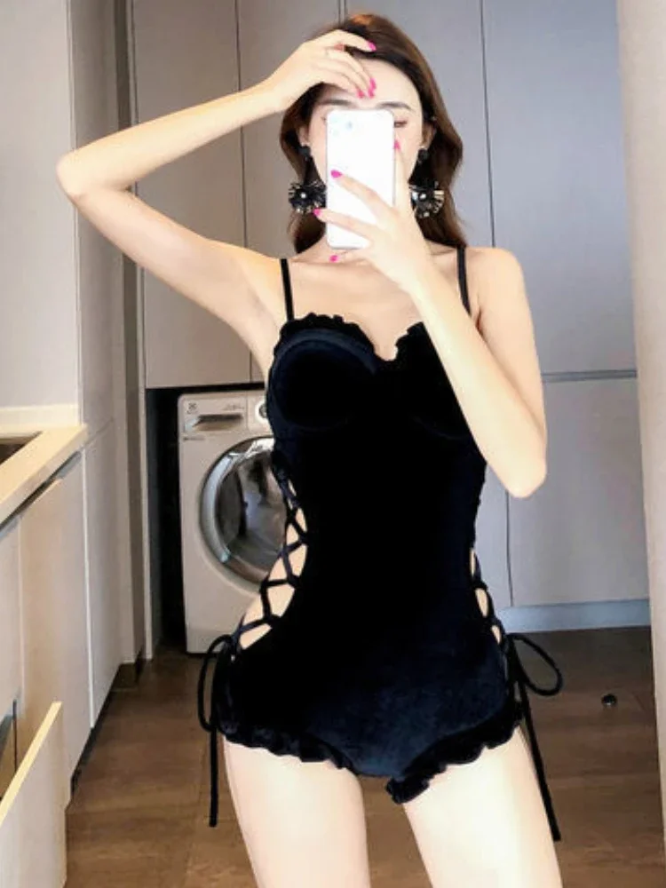 2024 New Ruffle One Piece Swimsuit Backless Swimwear Women Solid Bathing Suit Bodysuit Beach Wear Swim Suit Monokini X210