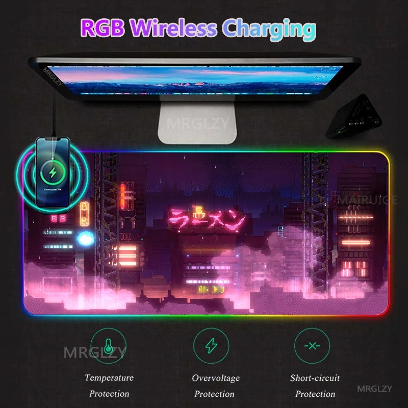 

Neon Street RGB LED Wireless Charging MousePad XXL Pink Decorate Desk Mats Typec Gaming Accessories Mouse Pad Anime Charger Mat