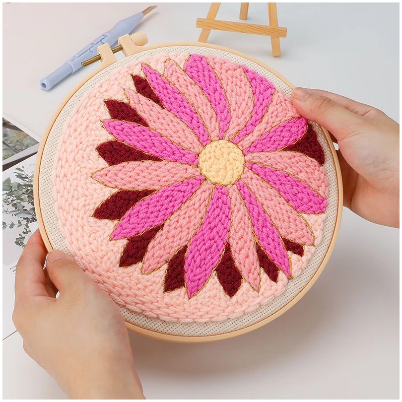 DIY Punch Needle Painting Set With Wool Yarns Geometric Flowers