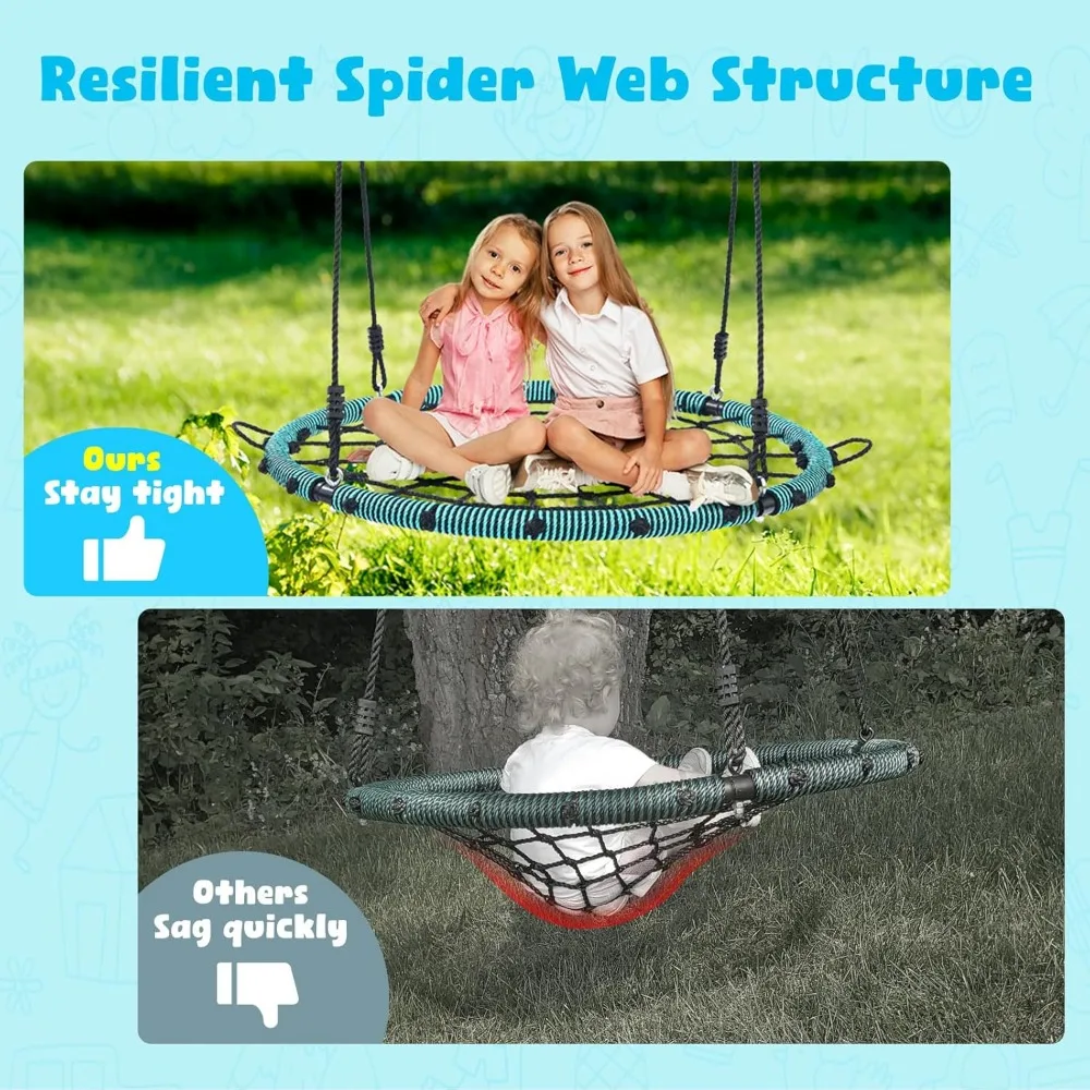 750lbs 40“ Spider Web Saucer Tree Swing for Kids Adults, Outdoor Net Swing with Steel Frame and 2 Hanging Straps-Green 4