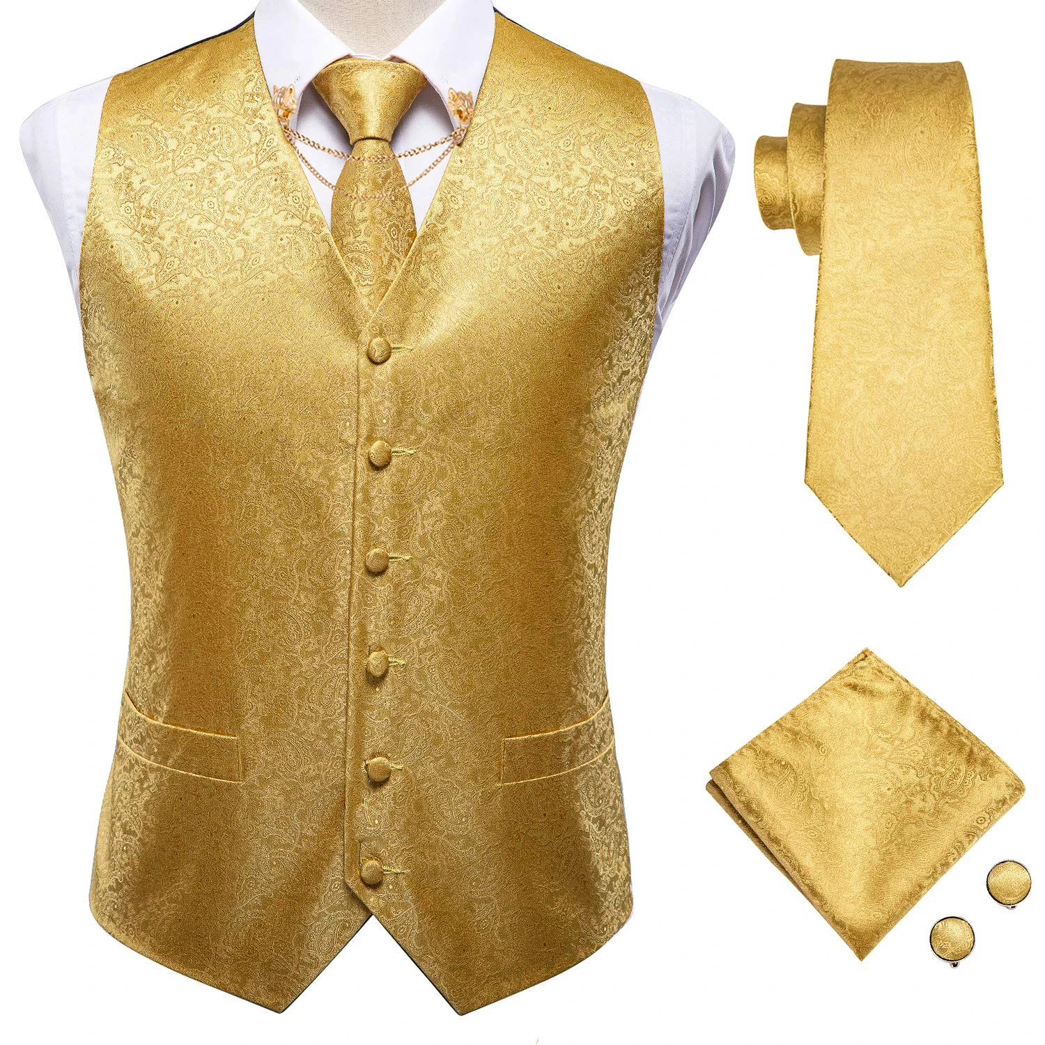 Fashion Silk Vest For Men Classic Gold Champane Yellow Waistcoat Jacket Tie Hankerchief Cufflinks Sets Dress Suit Wedding Hi-Tie