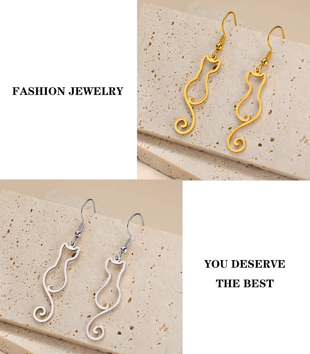 Cat Silhouette Drop Earrings for Women Stainless Steel Cute Cat Hollow Geometric Dangle Earrings Jewelry - PeticaDeals