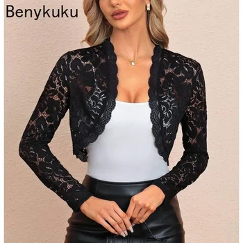 Black Floral Lace Cropped Tops Women Scalloped Long Sleeve Cardigan Coat Open Stitch 2025 Summer Cover Up Jacket Shrug Bolero 1