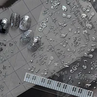 Autocollants 5D pour ongles, motif clé de sol argentée, note musicale, clavier de piano, casque, micro, archet, étoile, pour filles 6