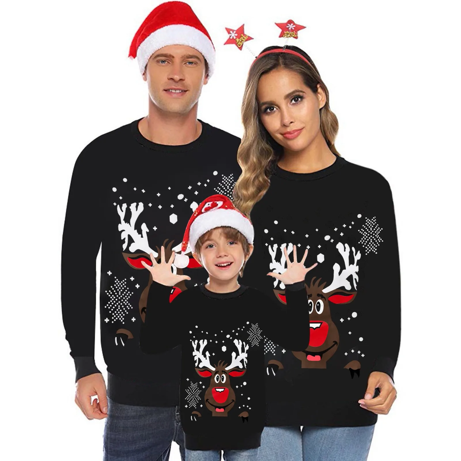 thumbnail image 4 of Sudadera fea de estilo navideño en 3D con apariencia familiar y estampado de renos, conjunto navideño para padres e hijos, trajes a juego, jersey navideño, 4 of 5