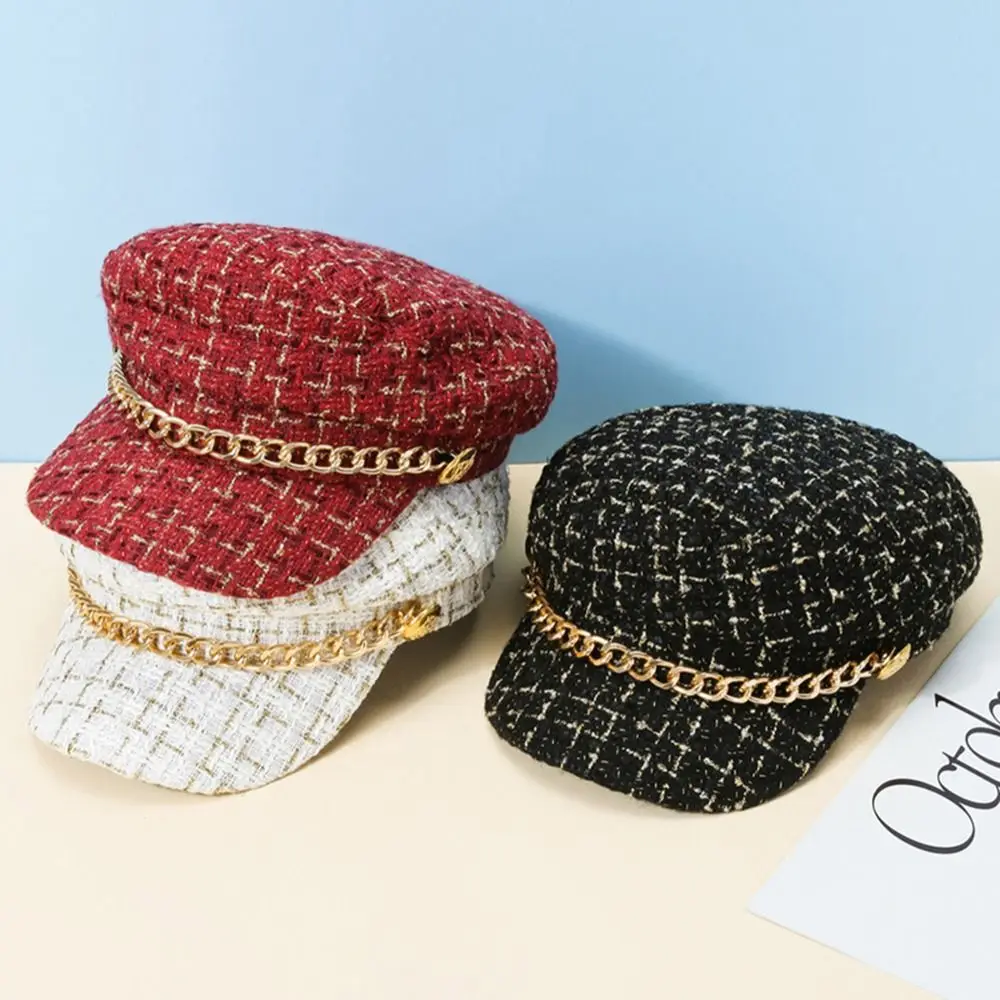 

Casual Winter For Female Metal Chain For Girls Keep Warm Artist Hat Women Visors Cap Painter Hat Plaid Beret Octagonal Cap