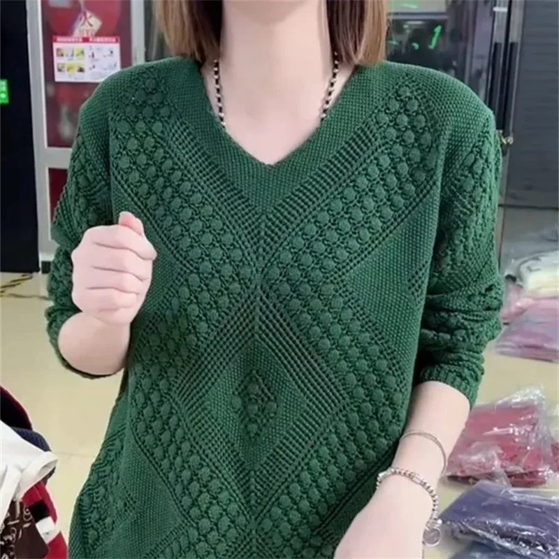 Lazy Hollow Loose Solid Color V-Neck Knitted Sweater For Women's Spring And Summer New Long Sleeve Pullover Green Shirt Female