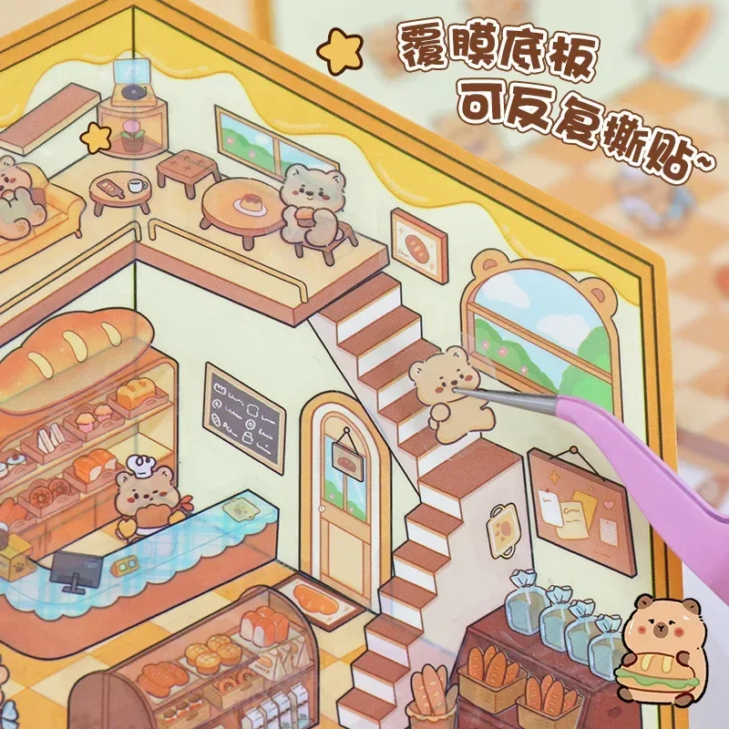 Cartoon Landscape Stickers Cute Visual 3D Stereoscopic Cabin Decompression Scene Tent Sticker Handmade Stacking Scene Stickers 3d stickers,3d wall stickers