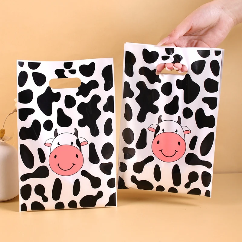 10/20/50 Stück Geschenktüten mit Kuhmuster, Plastiktüten mit Tiermotiv, Dekoration für die 1. Geburtstagsfeier, Partyzubehör im Kuh-Stil