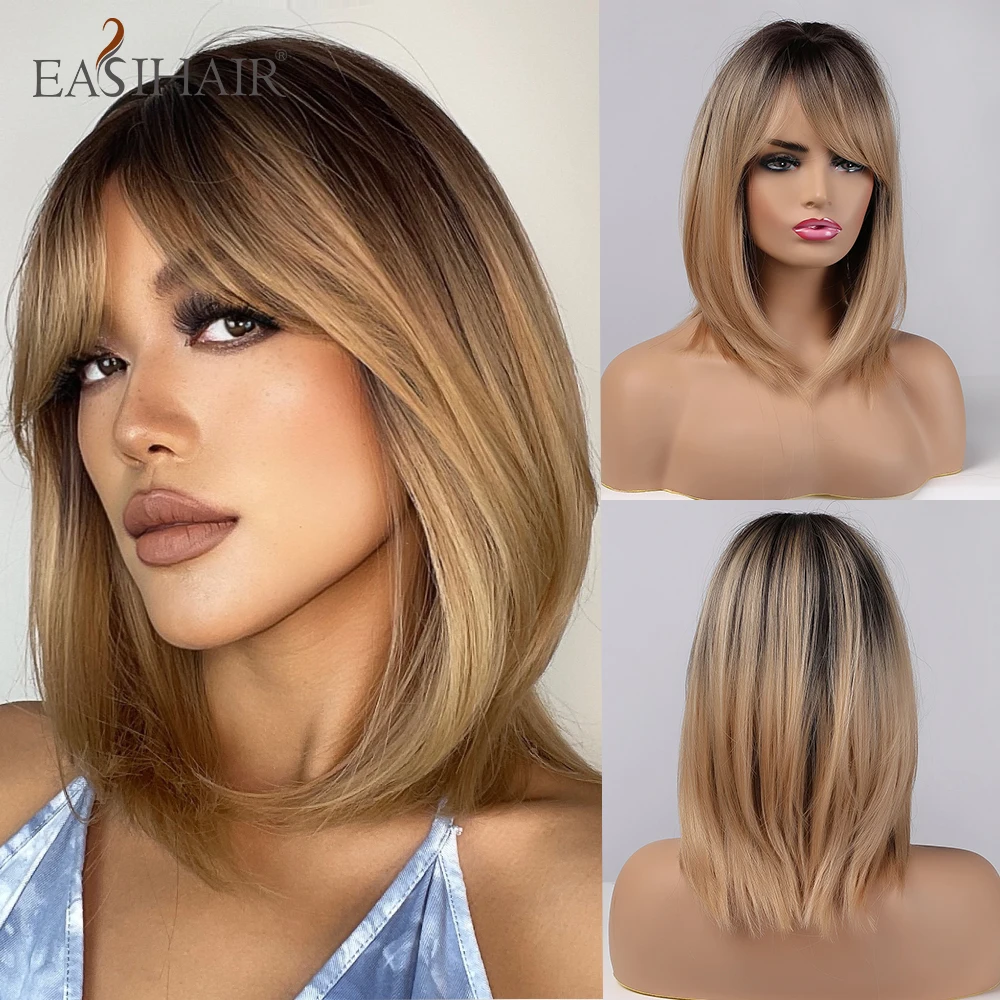 EASIHAIR Dark Brown Root Ombre Golden Synthetic Wig Natural Hair for Women Female Layered Wig with Said Bangs Heat Resistant Wig she said
