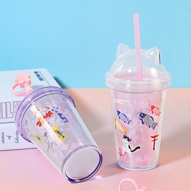 New Arrival 320ml Smoothie Tumbler with Ice Cream Lid Plastic Kawaii Straw  Water Cup Double Wall