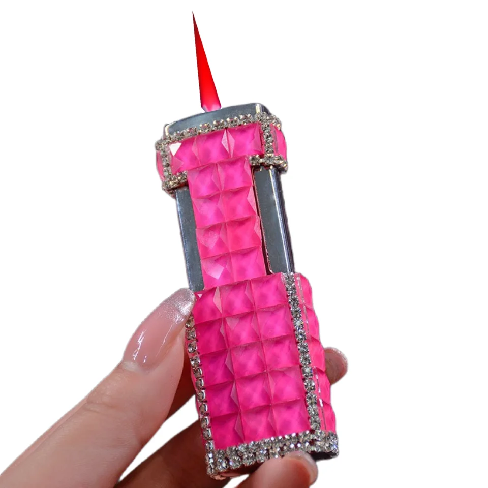 Fine Rhinestone Lighter Pink Jet Flame Butane Torch Lighter Electronic