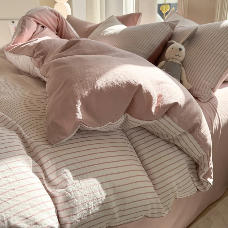 Ins Stripes 100% Washed Cotton Bedding Set with Pillowcase Bed Sheet Quilt Cover Single Double King Queen Size Duvet Cover Set