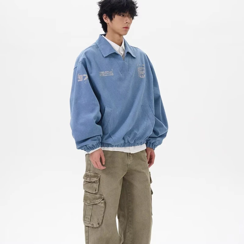 Spring Trendy Mens Tops Letter Printing College Unisex Sweatshirt Street Fashion Loose Washed Lapel Male Pullover New
