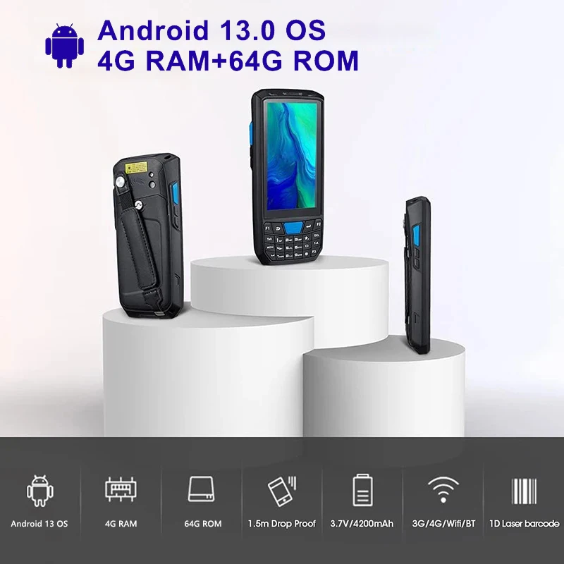 Barcode scanner, handheld PDA Android 13 terminal, touch screen, 4G Lte Wifi Bluetooth GPS, rugged data collector