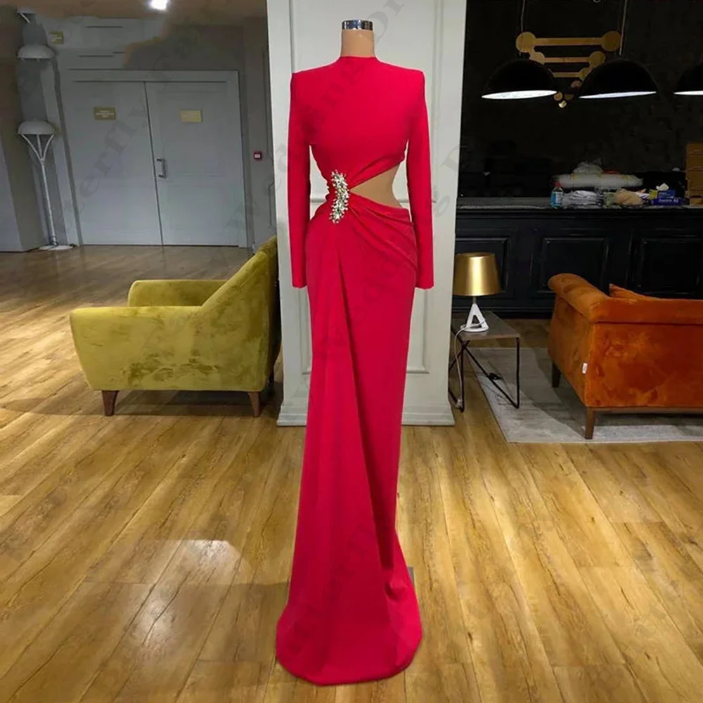 Beautiful Gorgeous Satin Evening Dresses Romantic Fashion Fascinating High Neck Long Sleeves Slimming Mopping New Prom Gowns