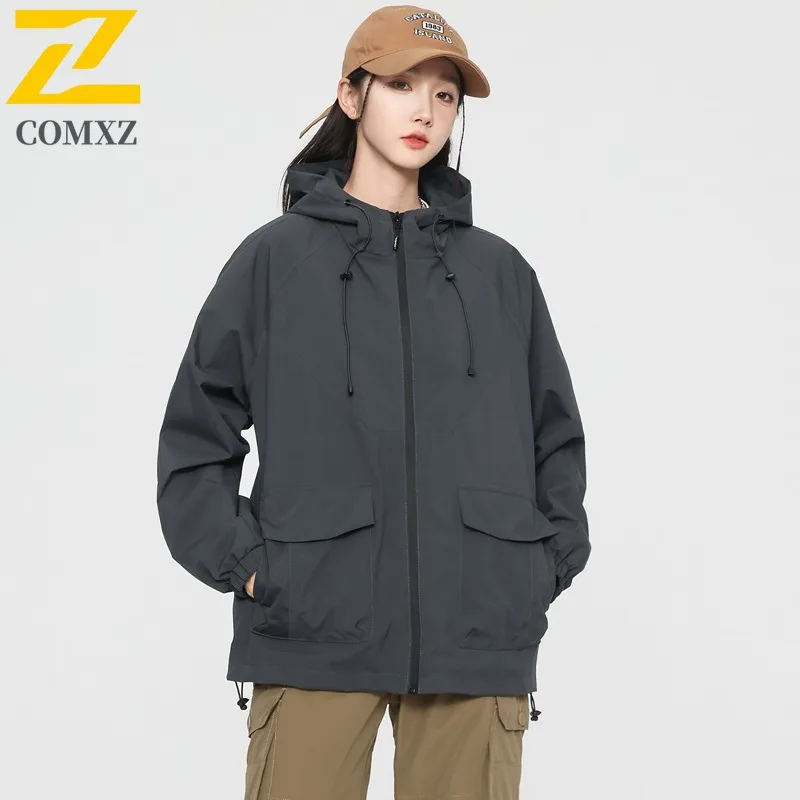 COMXZ Urban Hiking 2025 Mens Jacket High Quality Hooded Mountaineering Lightweight Zipper Coats Casual Travel Autumn Outerwear