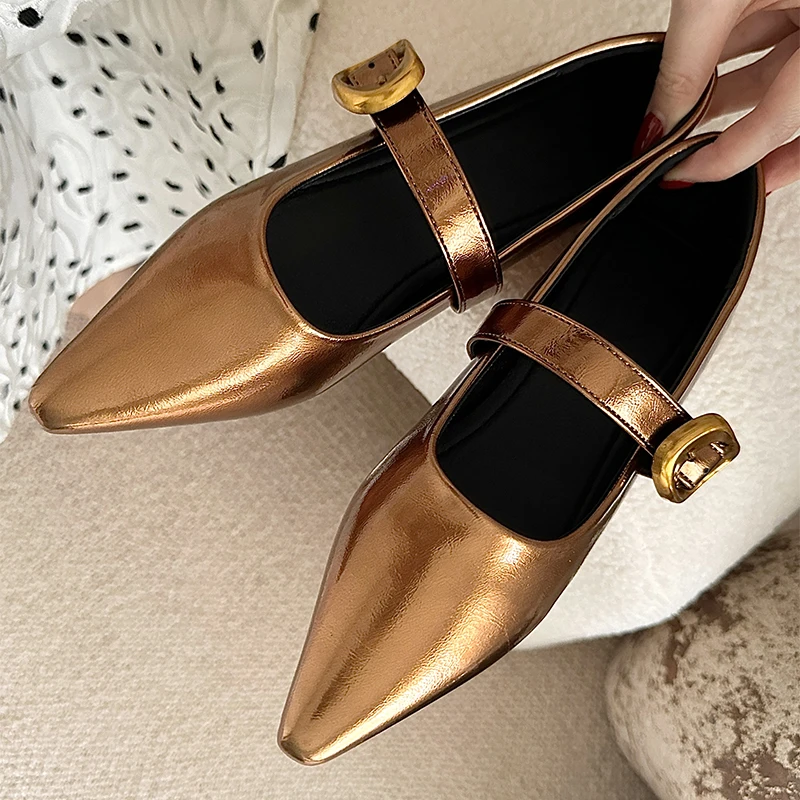 

Women's Pumps Lefu 2024 New Round Toe Flat Shoes Slip On Rhinestone Genuine Leather Shoes For Women Hollow Gold Mary Jane Loafer