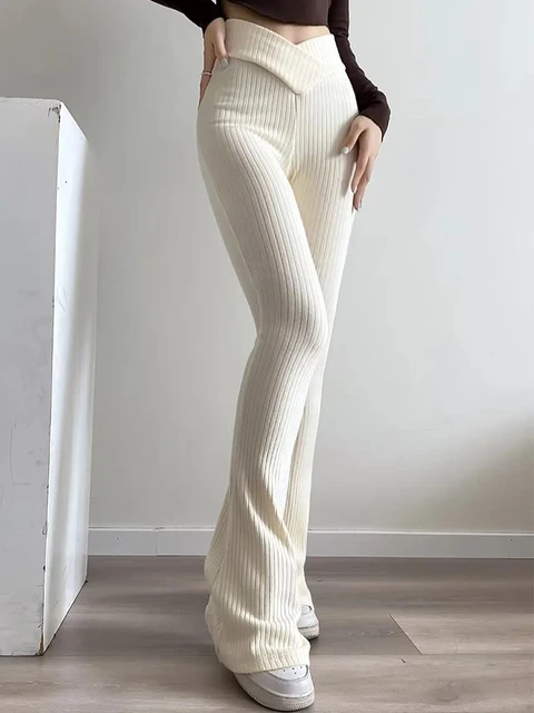 Women's Solid Colored Flare Leg Stretchy Pull On High Waist Texture Crepe  Pants 