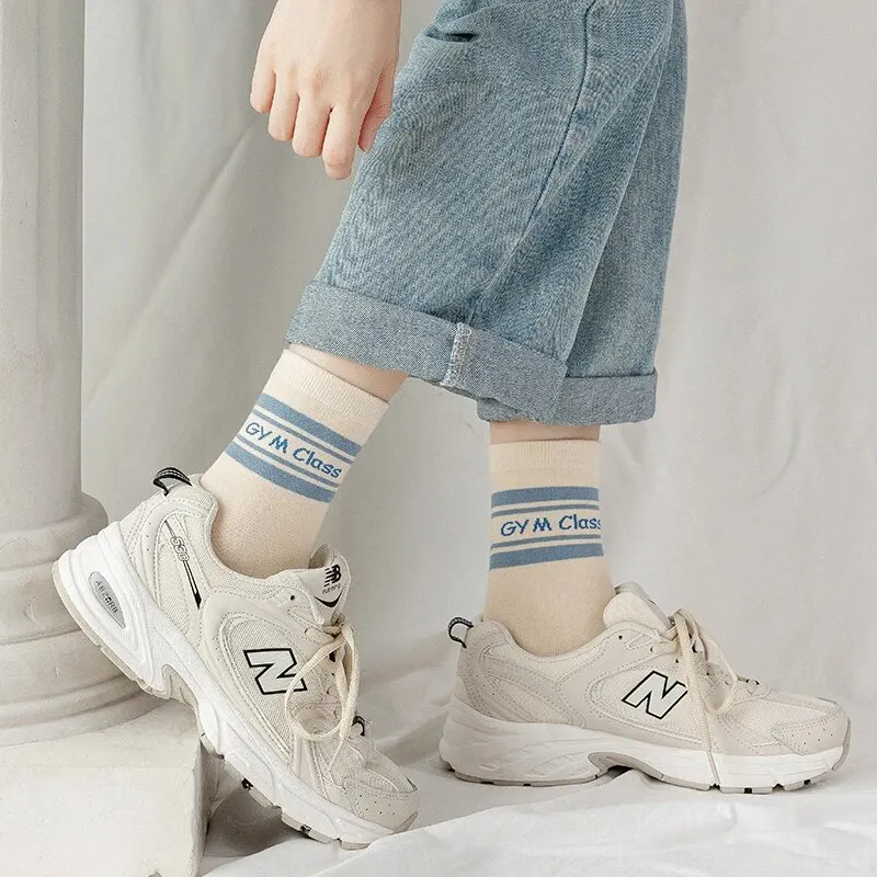 Womens Mid Calf Socks 5 Pairs of Women's Spring Four-season Cute SStriped Letters Youthful Beautiful Fashionable and Comfortable Mid-calf Socks
