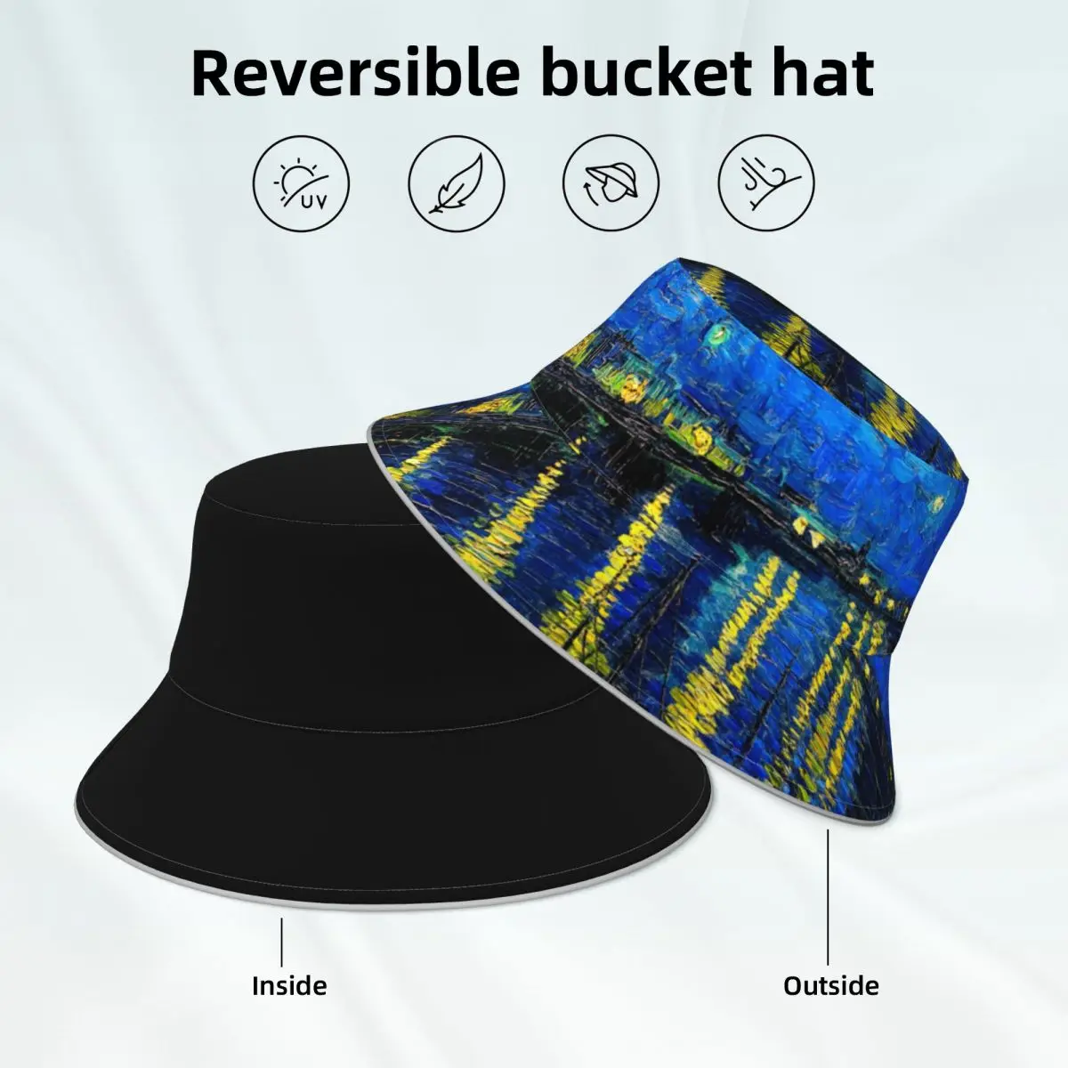 

Van Gogh Bucket Hat Starry Night Print Outdoor Fashion Reflective Fisherman Hats Men Women Reversible Sun Hat