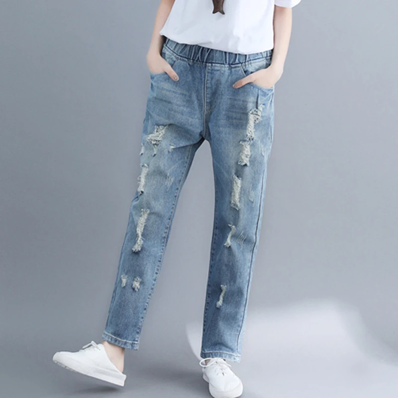 Ripped Hole Jeans Women Spring Fashion Elastic Waist Solid Color Vintage Denim Pants Casual Loose Versatile Ankle Length Trouser