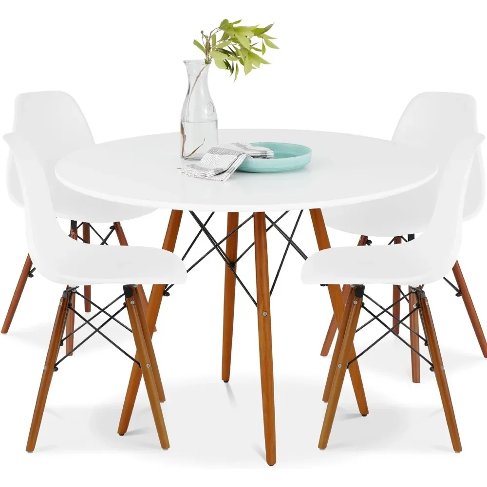 

5-Piece Dining Set, Compact Mid-Century Modern Table & Chair Set for Home, Apartment w/ 4 Chairs, Plastic Seats, Wooden Legs