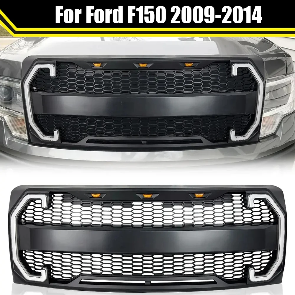 

Raptor Style Mesh Grille With DRL & Turn Signal Lights Matte Black For Ford F150 2009-2014 Racing Grill Front Grills Guard Grid