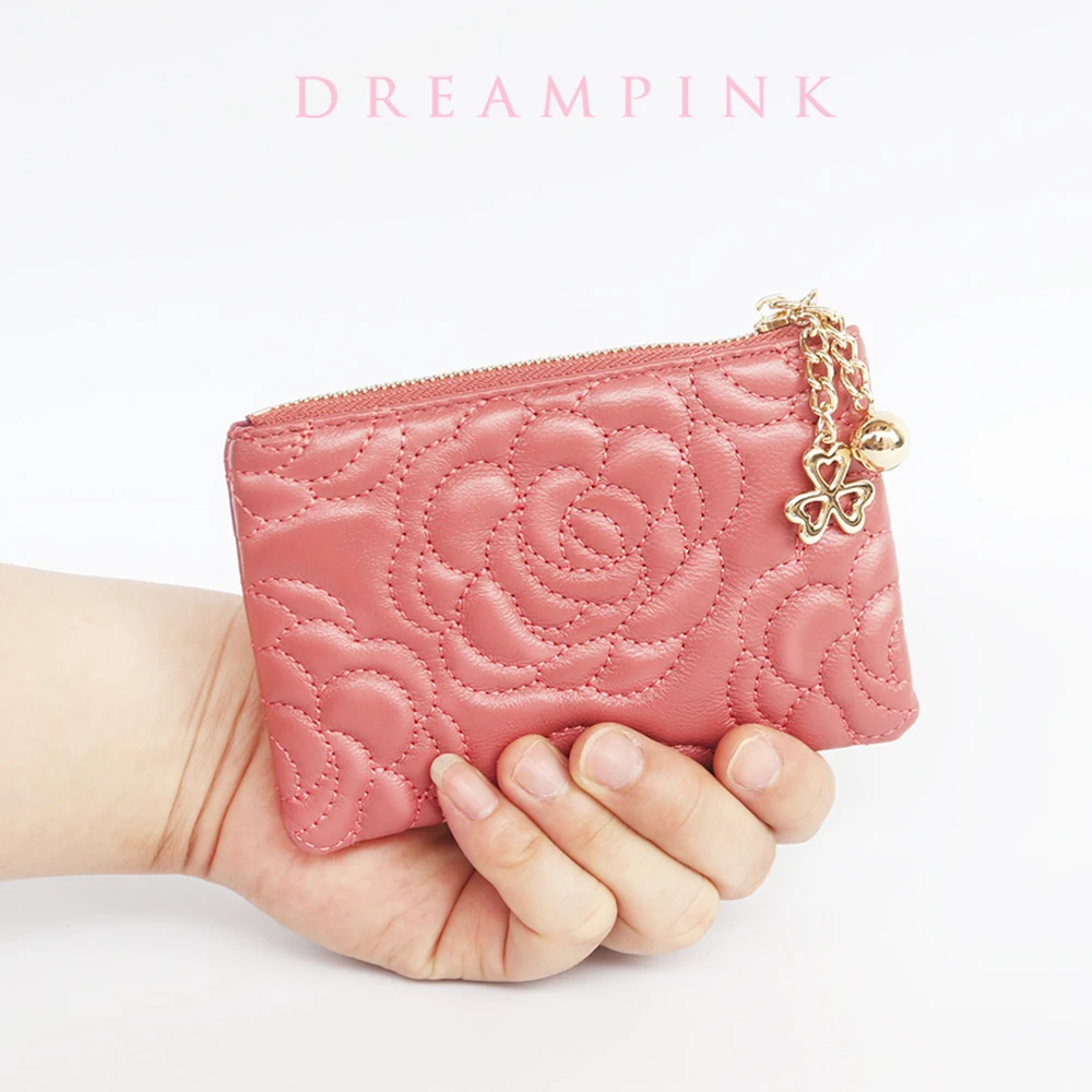 Genuine Leather Women Wallet Fashion Luxury Camellia Flower Key Chain Coin Purse Thread Quilting Rose Mini Zip Money Pouch Bag
