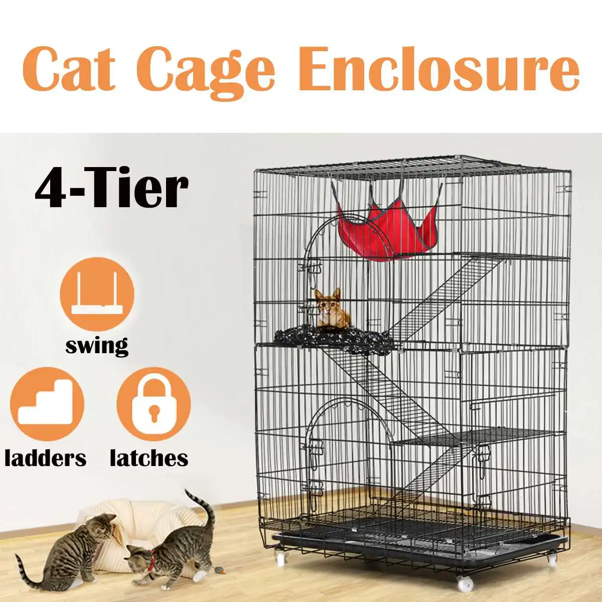 

PawGiant 4-Tier Cat Cage, Cat Playpen Kennel Crate Chinchilla Rat Box Cage Enclosure with Ladders, Platforms Beds, Latches Tray