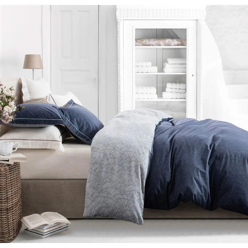 Duvet Cover, 600 Thread Count Cotton Navy & Grey Printed with Luxurious Comforter Cover Sets, Bedding Set 3Pcs