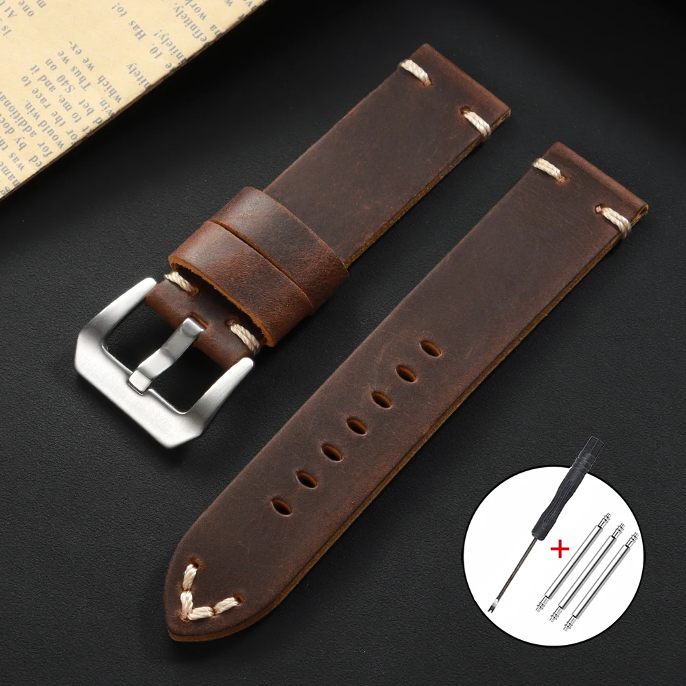 Vintage Genuine Leather Cowhide Watch Band - Soft Stitching Crazy Horse Calfskin Bracelet