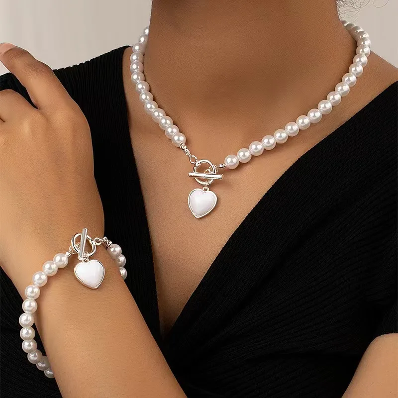 Elegant Simulated-Pearl Heart Necklace Bracelet Jewelry Set for Women Delicate Statement Beads Chain Wedding Party Jewelry Gifts