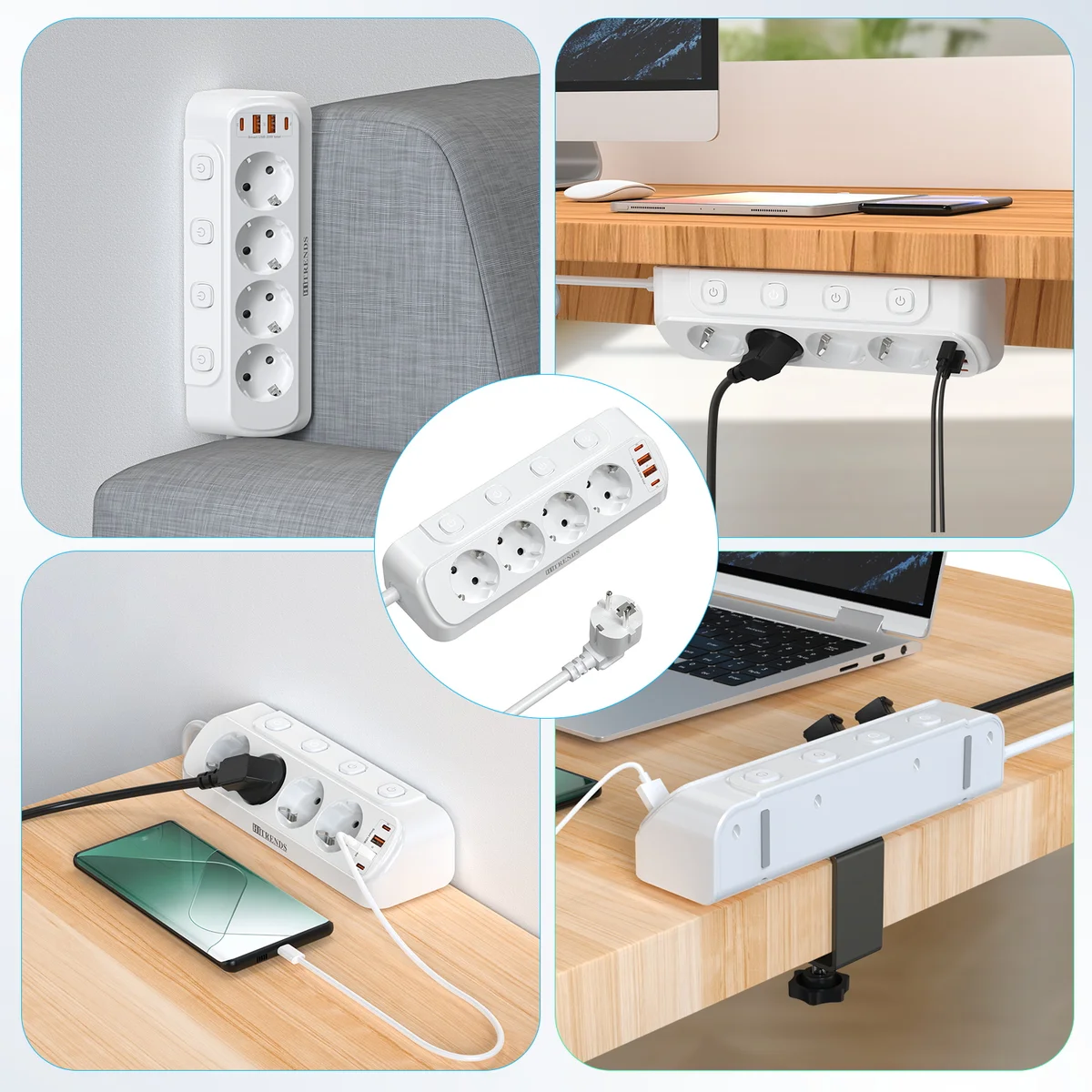 EU Plug Tabletop Power Strip USB Socket with 2 USB 2 Type-C Charge Port 2m Extension Cord 4 AC Outlets 4 Switch for Home Office — view 5
