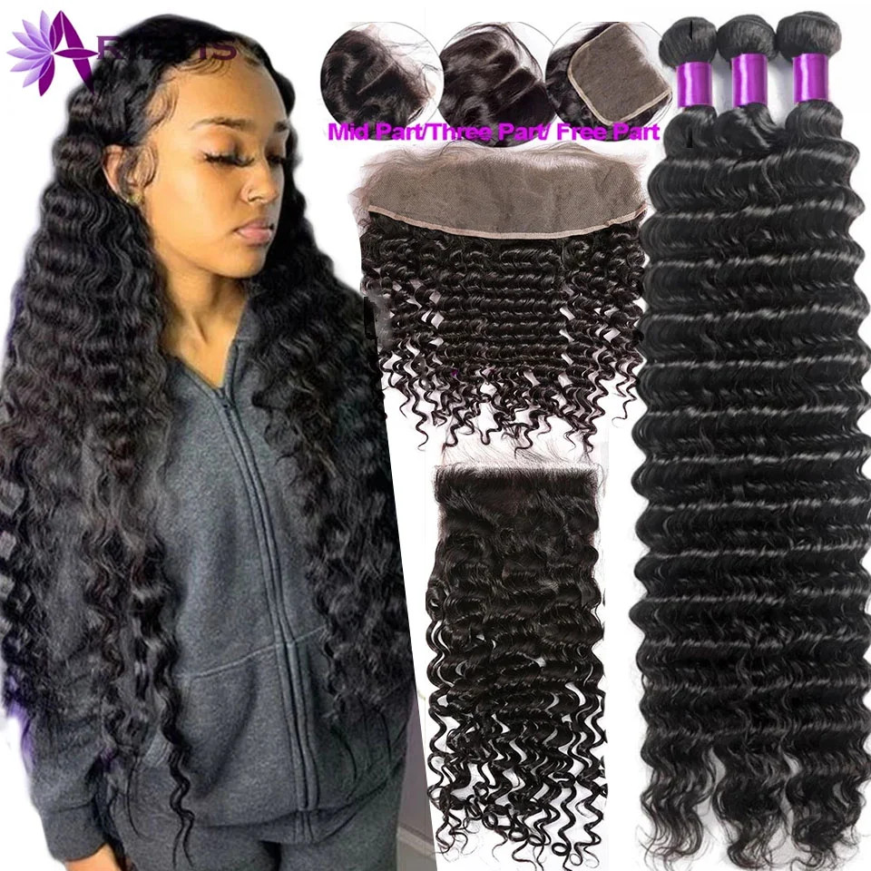 34 36 38 40 Long Deep Wave Bundles With Closure Brazilian Hair Weave