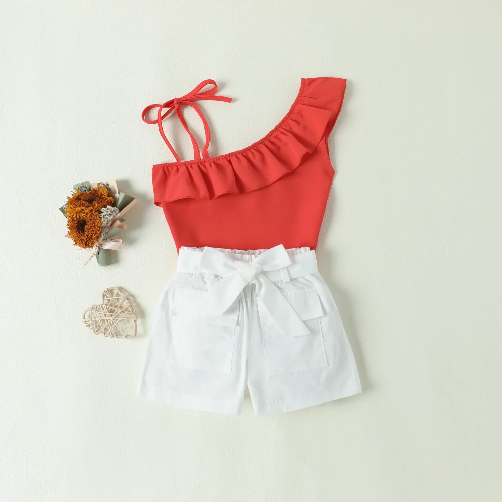 

Summer Tourism Shopping New Girls' Set Fashion Straps Solid Color Top Shorts Two Piece Set