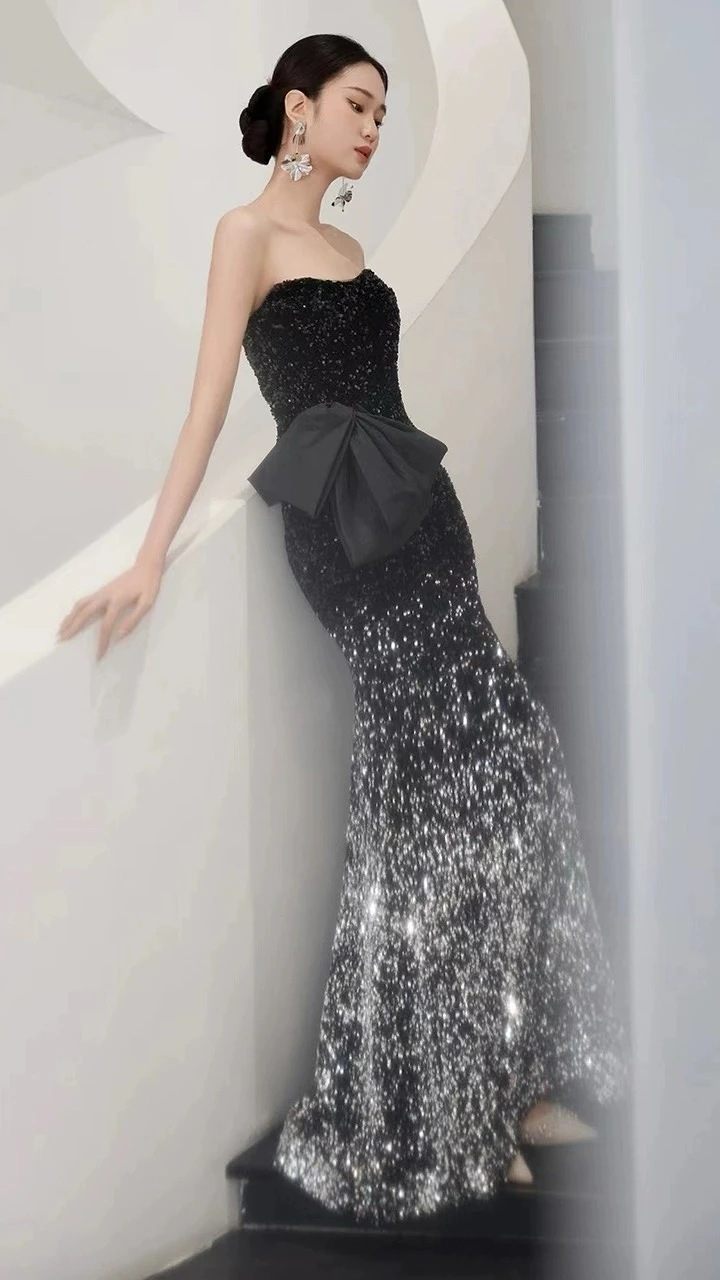 

Black Gradient Cocktail Dresses Sleeveless Strapless Mermaid Bow Sequins Slim Zipper Woman Celebrity Formal Evening Gowns 2023