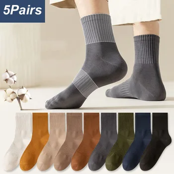 남성용 두꺼운 스포츠 양말, 단색, 미끄럼 방지, 편안한 통기성, 블랙, 미디엄 튜브 양말, 가을, 겨울, 5 쌍