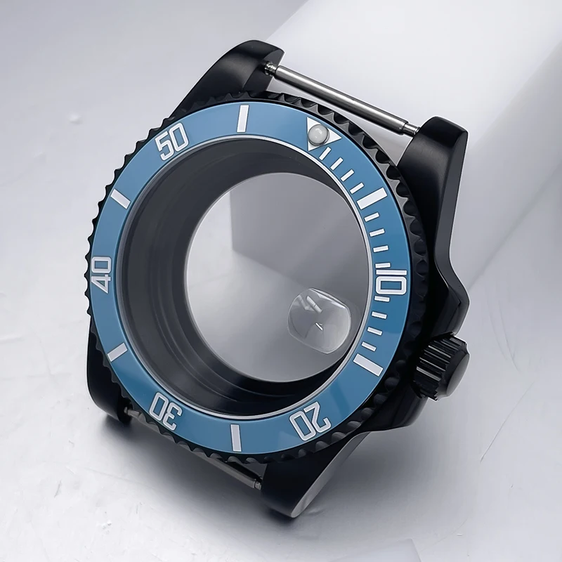 All-Black Sub Style Watch Case with Rubber Strap and Sapphire Crystal